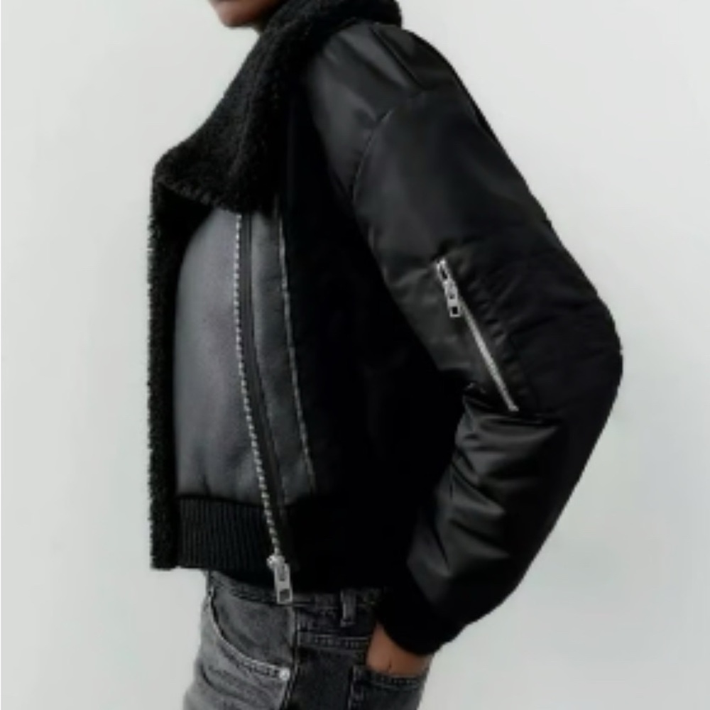 Zara Black Bomber Jacket with Shearling Detail - Picture 3 of 9